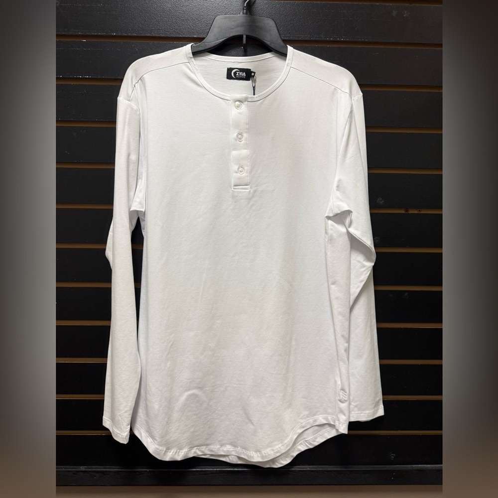 Zyia Active Men’s White Long Sleeve Henley Size M NWT Cotton Stretch